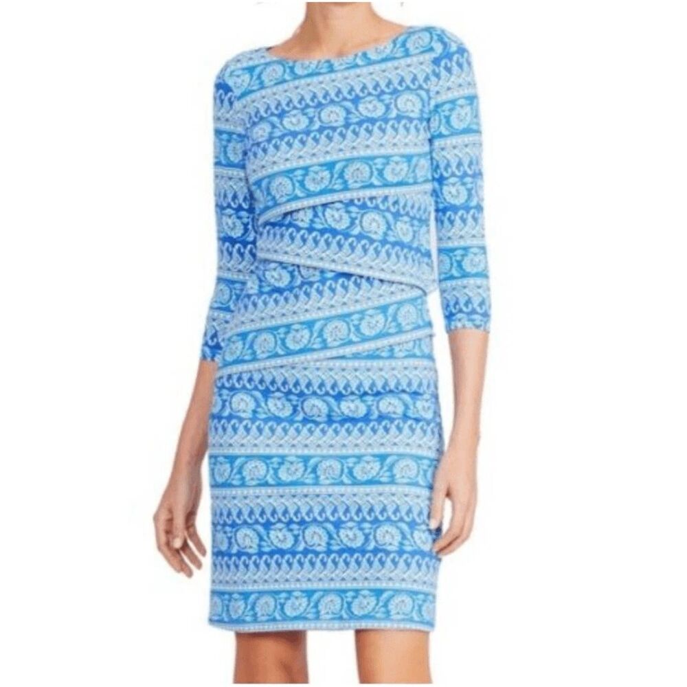 J. McLaughlin Geometric XS Print Dress 3/4 Sleeve Stretch Sheath Classic Preppy